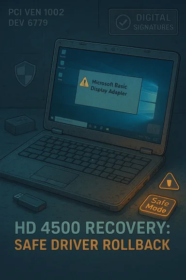 Laptop displays a Microsoft Basic Display Adapter warning with Safe Mode icons.