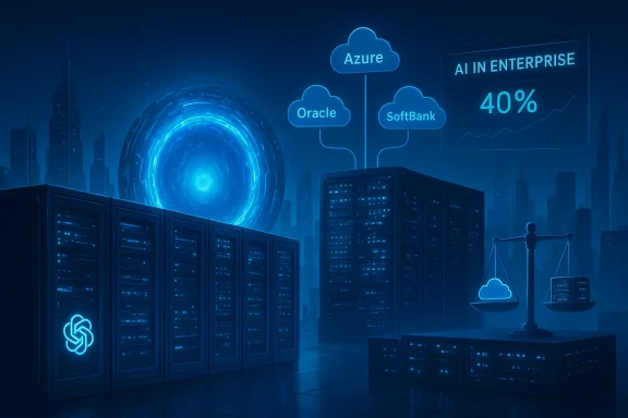 Futuristic data center with cloud icons for Azure, Oracle and SoftBank, highlighting AI-driven enterprise analytics.