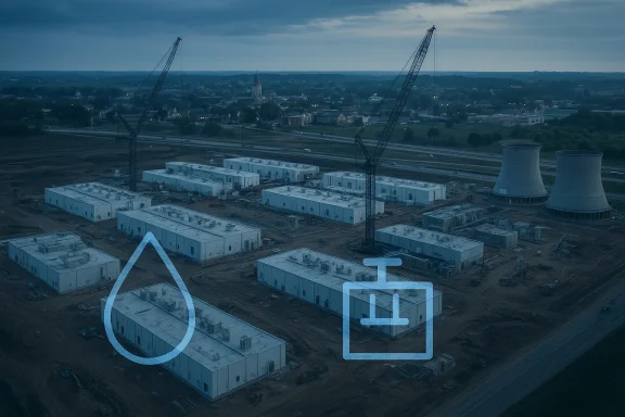 An expansive construction site with modular buildings, two cranes, and cooling towers.