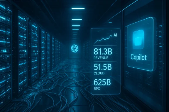 Neon-blue data center with holographic AI charts and a Copilot panel.