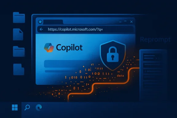 Copilot webpage in a browser featuring a shielded lock and orange data streams.