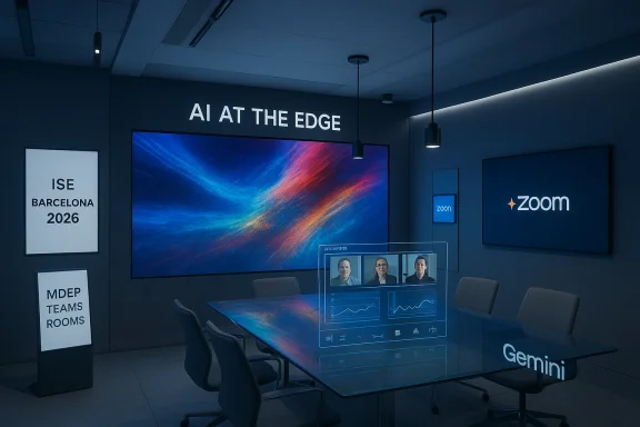 A futuristic conference room displaying AI at the edge with holographic data and Zoom branding.