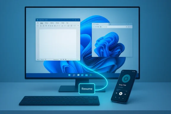 Futuristic desk setup with a glowing 'Resume' badge linking a smartphone's music to a large monitor.