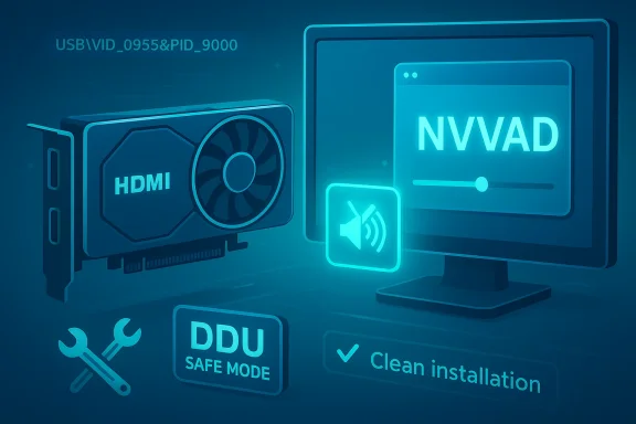 Blue neon tech art: a GPU beside a monitor reading NVVAD with install icons.