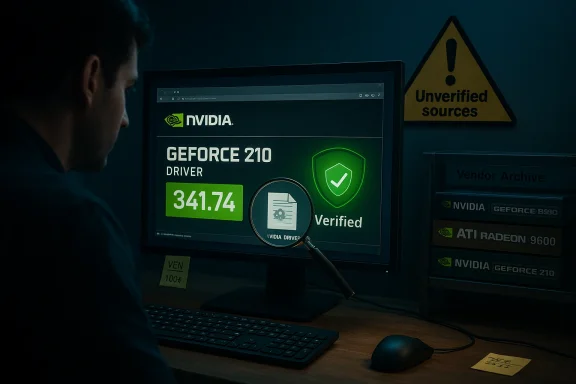 A technician inspects an Nvidia GeForce 210 driver page on a monitor, magnifying the verified badge.