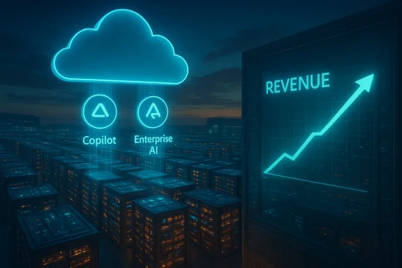 Neon cloud AI dashboard with Copilot and Enterprise AI driving revenue growth.