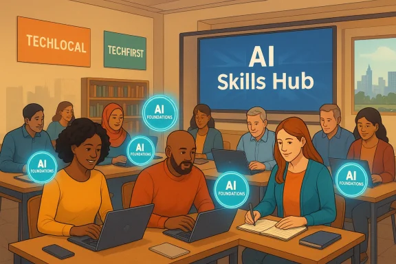 Diverse students in a tech workshop learn at an AI Skills Hub with glowing AI Foundations badges.