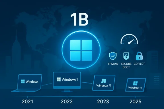 Timeline of Windows 11 milestones (2021–2025) featuring TPM 2.0, Secure Boot and Copilot.