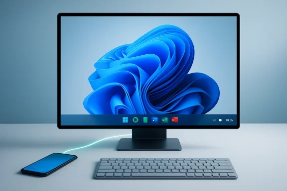 Sleek desk setup: wide monitor with blue abstract wallpaper, wireless keyboard, and a phone linked by a glowing cable.