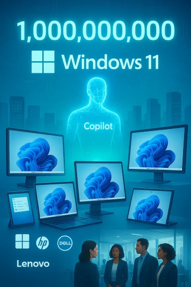 Promotional display for Windows 11 Copilot featuring a holographic guide, multiple screens, and partner logos.