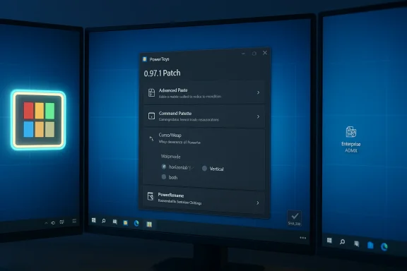 Triple-monitor Windows desktop featuring a centered PowerToys 0.97.1 Patch window.