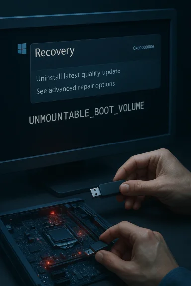 A technician uses a USB drive to repair a Windows Recovery screen showing UNMOUNTABLE_BOOT_VOLUME.