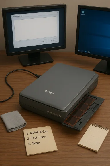 An Epson flatbed scanner sits on a wooden desk with film negatives, two monitors, and a note listing scan steps.