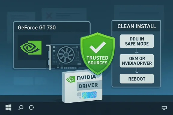 Graphic shows GeForce GT 730 driver clean install with a trusted sources shield.