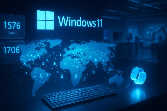 Windows 11 branding with a glowing digital world map and keyboard.
