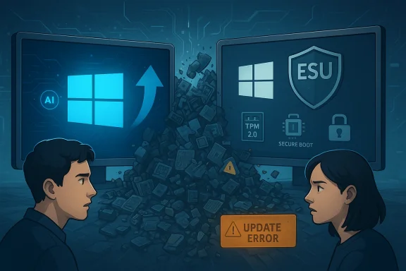 Two people watch a Windows update failure cause a mountain of discarded tech and an Update Error sign.