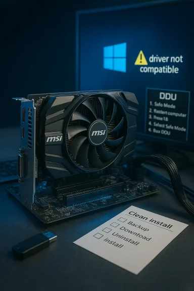 MSI GPU on a motherboard, with a Windows driver not compatible error and a clean-install checklist nearby.