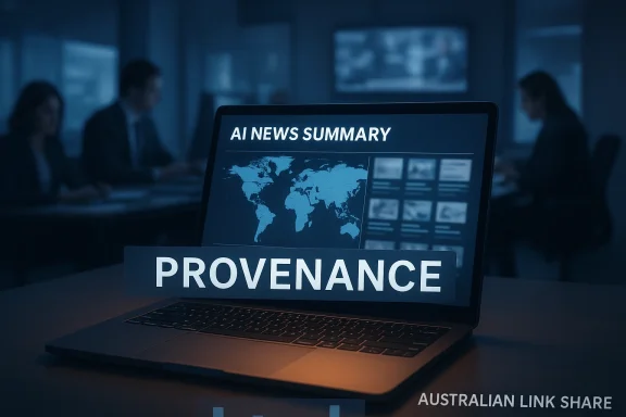 A laptop screen shows 'AI NEWS SUMMARY' with a world map and a bold 'PROVENANCE' label in a dim office.