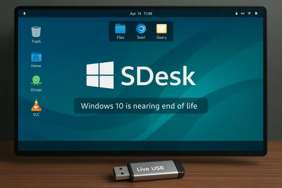 SDesk Windows-style desktop with a Windows 10 end-of-life banner and a Live USB in front.