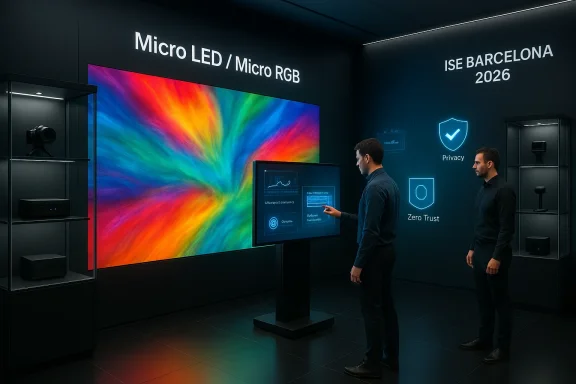 Two men interact with a large Micro LED display at ISE Barcelona 2026.