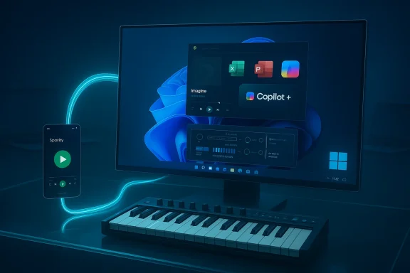 Neon-blue desk setup with a phone streaming Spotify, a MIDI keyboard, and a glowing cable to a monitor showing Copilot+
