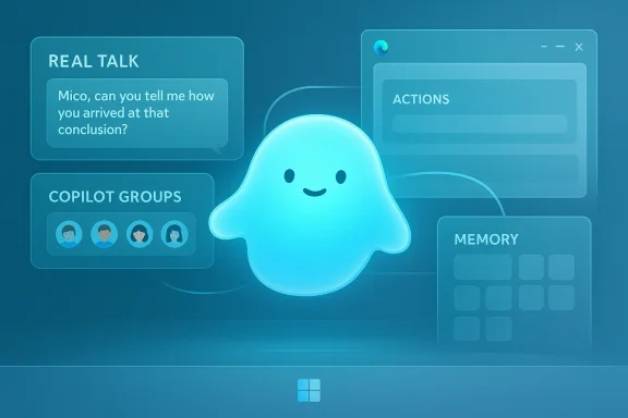 A glowing blue AI ghost at the center, surrounded by panels labeled Real Talk, Copilot Groups, Actions and Memory.