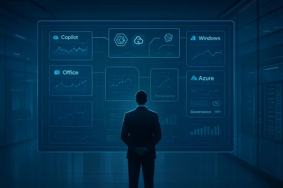 A suited man stands before a large holographic dashboard of cloud analytics.