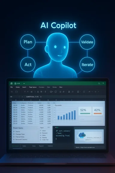 AI Copilot diagram showing Plan, Act, Validate, Iterate around a data dashboard.