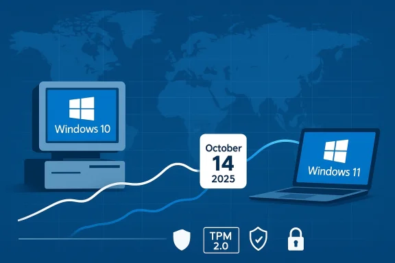 Illustration of Windows 10 upgrading to Windows 11 on Oct 14, 2025.