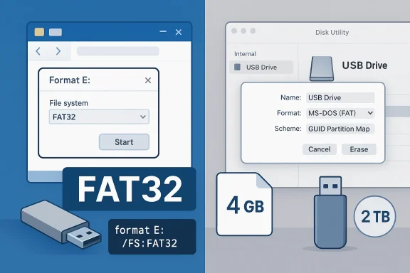 Split-screen illustration of USB drive formatting: FAT32 on Windows and MS-DOS FAT on Mac Disk Utility.