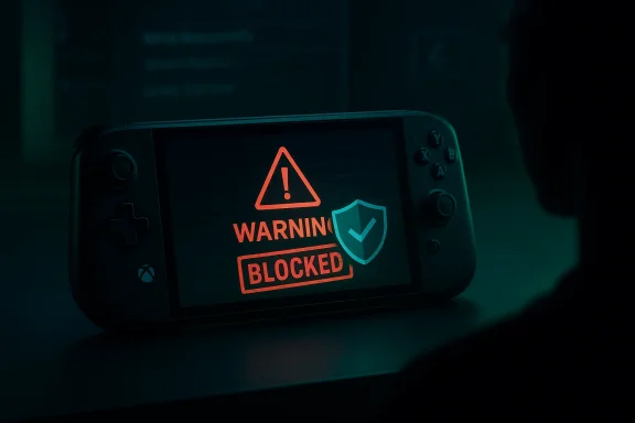 A handheld console screen shows a red warning triangle and a 'BLOCKED' banner with a blue shield.