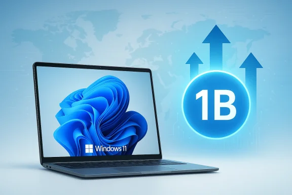 Windows 11 laptop shown with a glowing 1B upgrade icon and upward arrows.