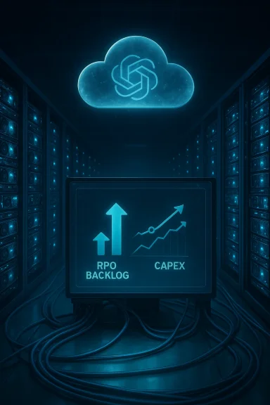 Blue-toned data center with a glowing cloud icon and a chart showing rising backlog and CAPEX.