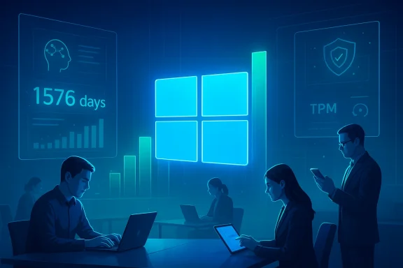 A futuristic office scene with a glowing Windows-style dashboard, charts, and security panels.