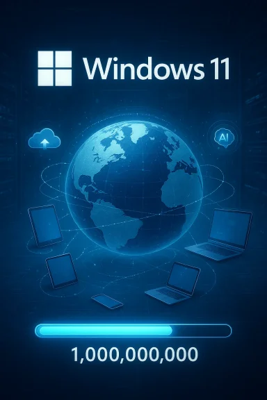 Windows 11 branding over a blue globe with connected devices and a progress bar at 1,000,000,000.