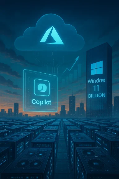 Neon blue cloud and data-center cityscape featuring Copilot and Windows 11 branding.
