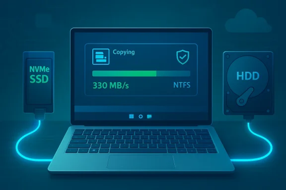 A laptop shows a data-copy progress bar between an NVMe SSD and an HDD.