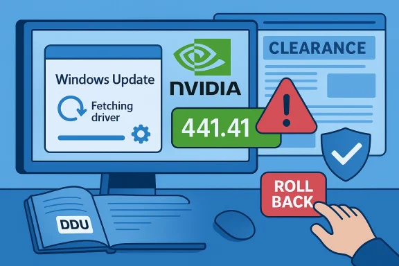 Computer screen shows Windows Update fetching NVIDIA driver 441.41 with warnings and rollback option.