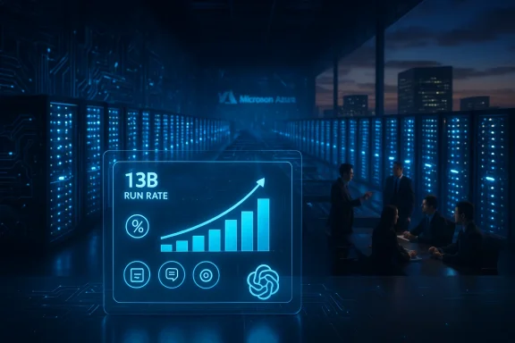 Futuristic data center with blue holographic dashboard showing 13B run rate and a group meeting.