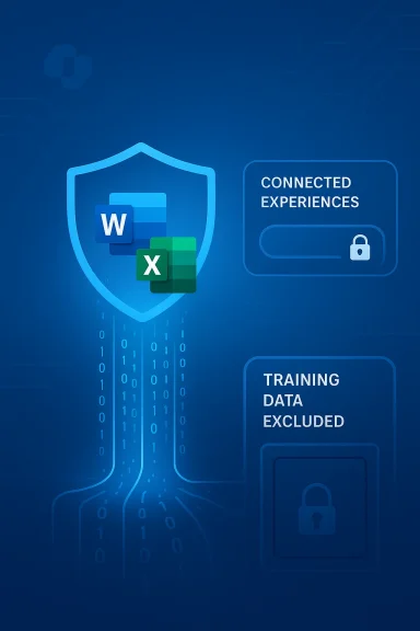 Blue tech illustration: shield with Word and Excel icons, plus Connected Experiences and Training Data Excluded panels.