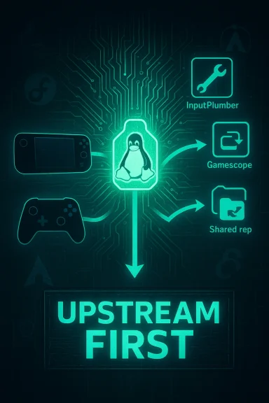 Neon Linux diagram with Tux, illustrating “Upstream First” for drivers and open-source tooling.