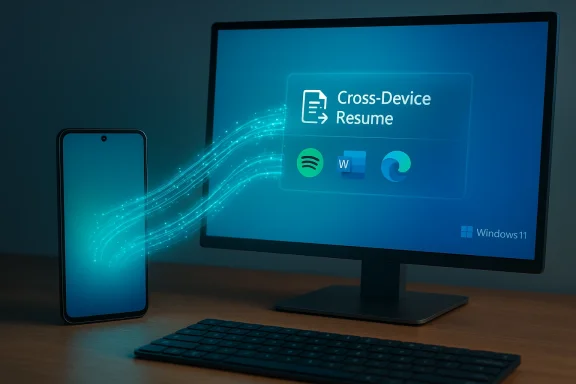 Windows 11 PC and smartphone wirelessly sharing a cross-device resume.