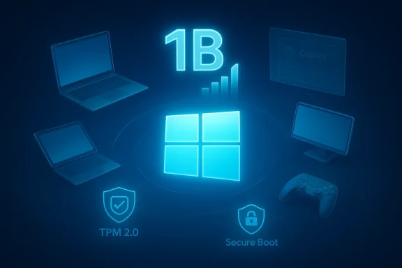 Neon Windows logo centered, surrounded by devices, highlighting TPM 2.0 and Secure Boot.