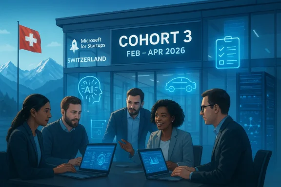 Diverse startup team collaborating around laptops during a Microsoft Cohort 3 session in Switzerland.