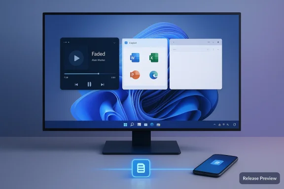 A large monitor shows floating app windows and a glowing file icon on the desk beside a smartphone.