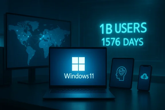Windows 11 laptop with tablets on a desk, beside a blue world-map display in a futuristic setup.