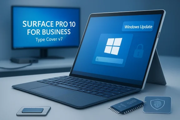 A Windows Surface tablet with keyboard on a desk, Windows Update on screen beside a monitor labeled Surface Pro 10.