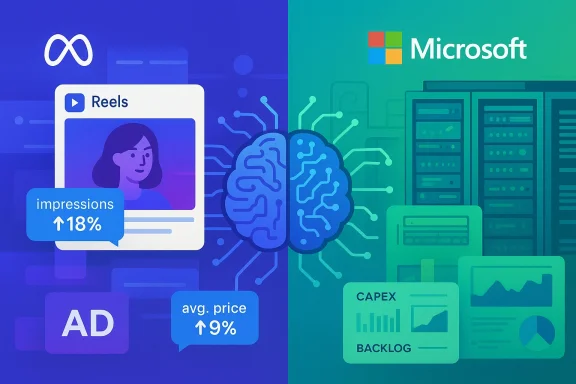 Split-screen tech illustration: social ad metrics on the left and Microsoft data-center visuals on the right.