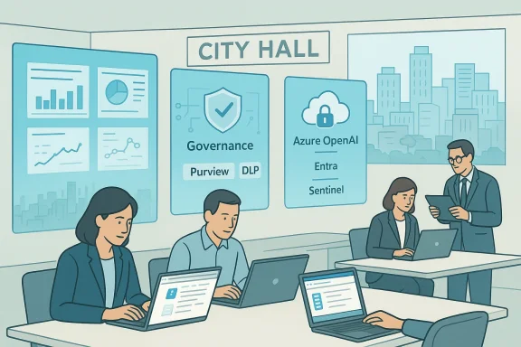 City Hall briefing: staff collaborate on governance and Azure OpenAI tools at laptops.