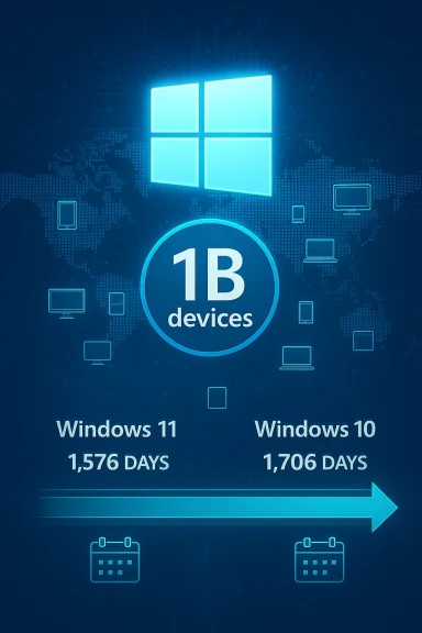 Blue tech infographic comparing Windows 11 and Windows 10 with a 1B devices milestone.